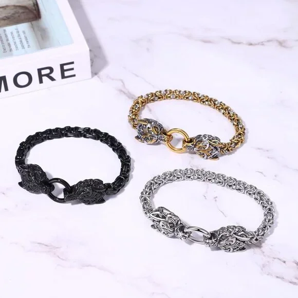 ⭐ OIDEA Mens Viking Wolf Head Bracelet Stainless Steel Gothic King Chain